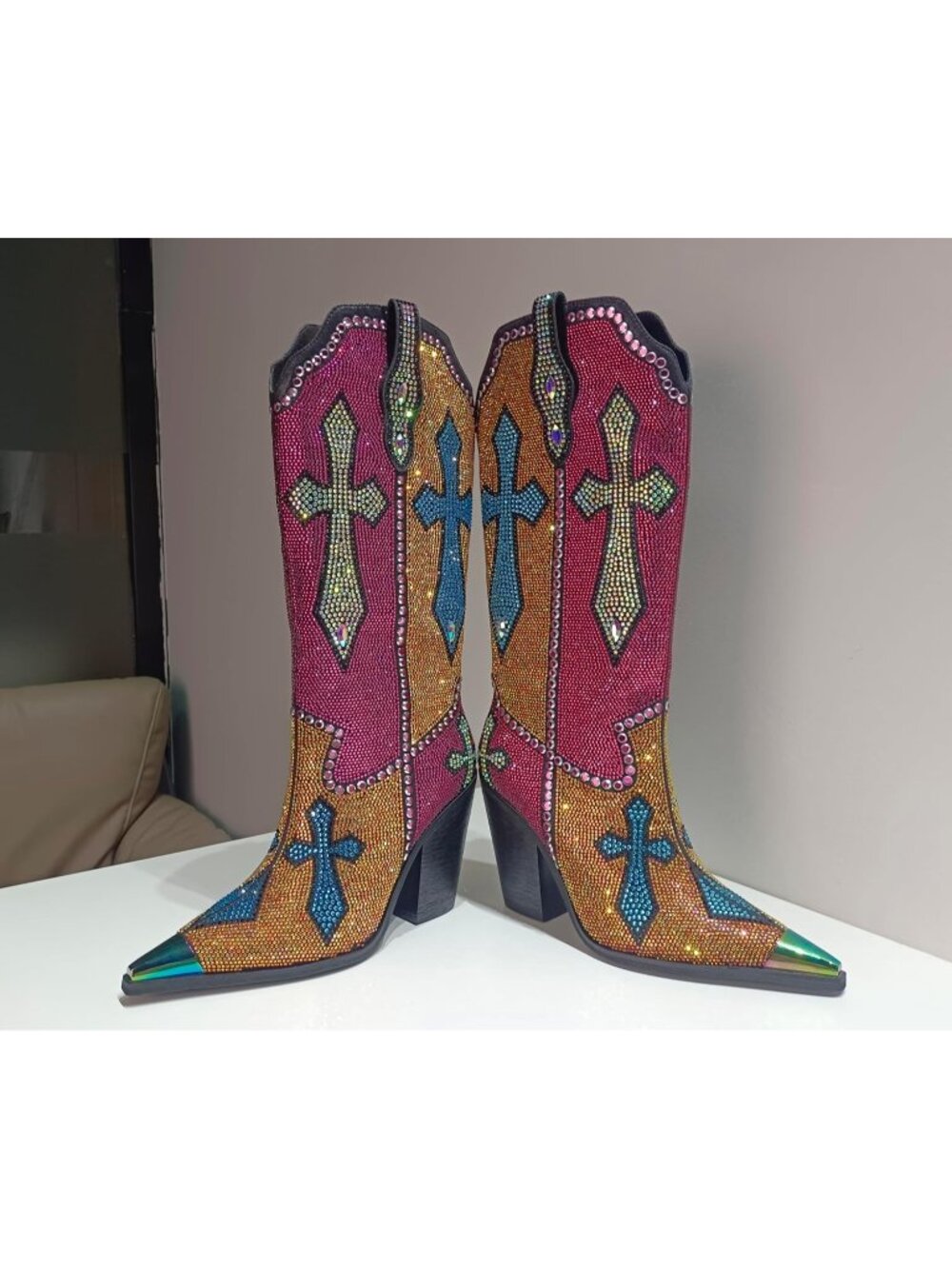 Women's Multi Rhinestone Cross Western Pointed Toe Knee High Cowboy Boots - Picture 4 of 6